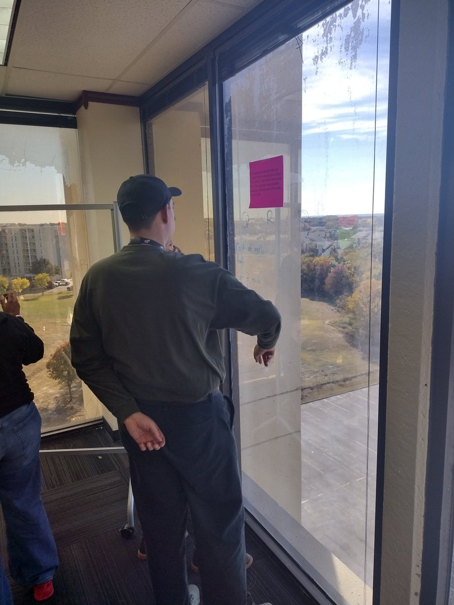 AaronDaffern's tweet image. How do you get math teachers up and moving at the end of a day long training? Let them write on the windows! #VerticalNonpermanentSurfaces @disdstemmath @DrElenaSHill @Dallasacademics @BTCthinks