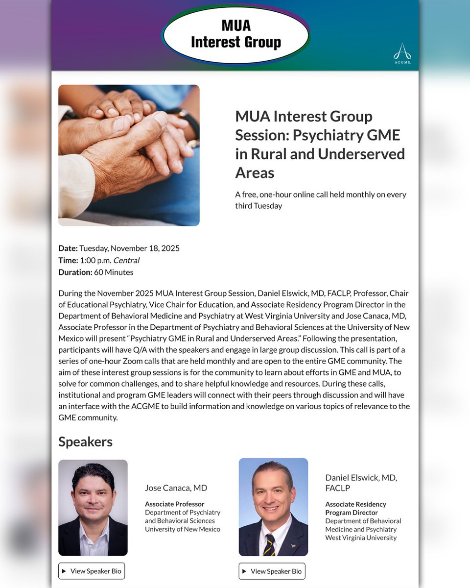 Dr. Jose Canaca, Associate Professor of Psychiatry &amp; Behavioral Sciences at UNM, will co-present at this month’s ACGME MUA Interest Group Meeting with Dr. Daniel Elswick on “Psychiatry GME in Rural and Underserved Areas.”

Register now at dl.acgme.org/pages/mua-inte…
#ACGME #NewMexico