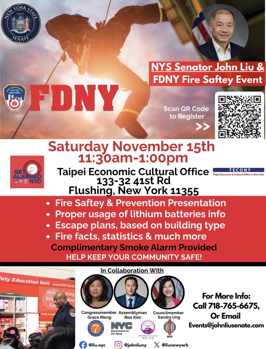 FlushingBID's tweet image. 🔥🚒 Fire Safety Saves Lives!
Join us on Saturday, November 15th for a free @fdny Fire Safety &amp;amp; Prevention Event in Flushing!

⏰Time: 11:30am – 1:00pm
Location: Taipei Economic Cultural Office
133-32 41st Rd, Flushing, NY 11355