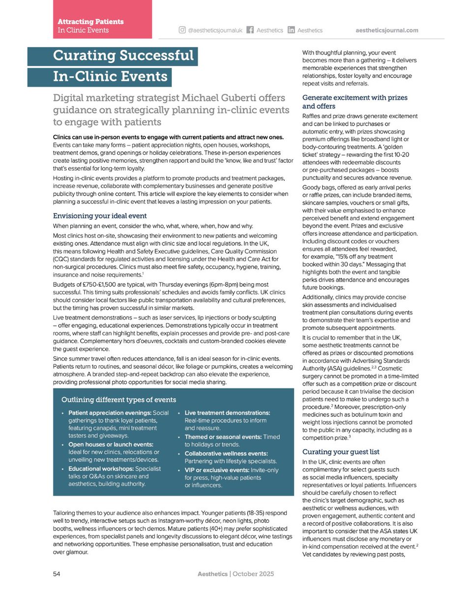 MichaelGuberti's tweet photo. The largest aesthetics magazine in the United Kingdom, The Aesthetics Journal, published my article titled "Curating Successful In-Clinic Events” in their print and digital edition this October: https://t.co/YhzV8msbdq https://t.co/TsvDywRlLg