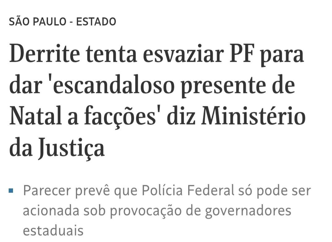 tiagobarbosa_'s tweet photo. O que leva um secretário estadual a se licenciar do cargo para relatar um projeto contra o crime e minar a polícia federal?

O que justifica essa manobra do secretário de um estado tomado pela mais perigosa das facções?

Por que um presidente legislativo embarca no convescote para dar a um licenciado a relatoria?

Por que um secretário incapaz de barrar a facção no próprio estado se arvora a falar pelo país?

O que leva o parlamento por trás da PEC da bandidagem a bancar esse ato de proteção ao crime?

A quem interessa impedir a PF de desbaratar esquemas bilionários de facções criminosas?

Até quando essas ações serão toleradas por uma mídia aliada à excrescência da política?