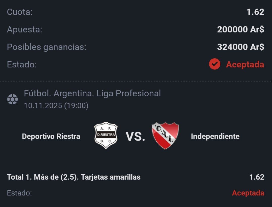 LIGA PROFESIONAL🇦🇷 ⚽️
Deportivo Riestra vs Independiente

👉🏽Riestra recibirá 3 tarjetas amarillas o más 

📈Cuota 1.62

🎙Partido clave donde irán por todo, faltas y amarillas van a ver. Nos inclinamos para el local, donde meterá mucho.

Mate en mano y vamos por el verde🧉✨