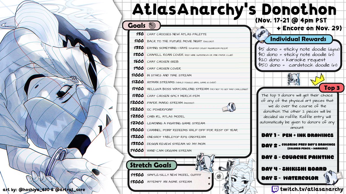 📝 ATLAS ANARCHY’S FIRST EVER BIRTHDAY DONOTHON 📝

RAISING MONEY FOR MY 3D DEBUT
NOV 17-21 @ 4PM
ENCORE ON NOV 29 (FRONT PAGE OF TWITCH!) 

drawing traditionally on handcam and trying out new things! 

✏️rts appreciated! ✏️

more info 👇