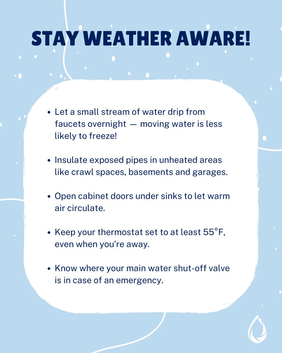❄️ Cold weather is coming — stay weather aware and protect your pipes! 💧

✅ Wrap exposed pipes
✅ Let faucets drip
✅ Open cabinet doors
A dripping faucet for 10 hrs only uses ~9 gal — that’s just 3–11¢ a day! 💰
#CentralAlabamaWater #WeatherAware #ProtectYourPipes