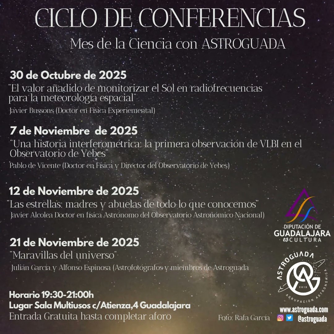 🔊🔊 Continuamos divulgando!!
12 de noviembre a las 19:30h: 
⭐ Charla: “Las estrellas, madres y abuelas de todo lo que conocemos”
🧑‍🏫 Ponente: Javier Alcolea  phD Física, astrónomo del Observatorio Astronómico Nacional
Actividad gratuita hasta completar aforo. 👉
Te esperamos