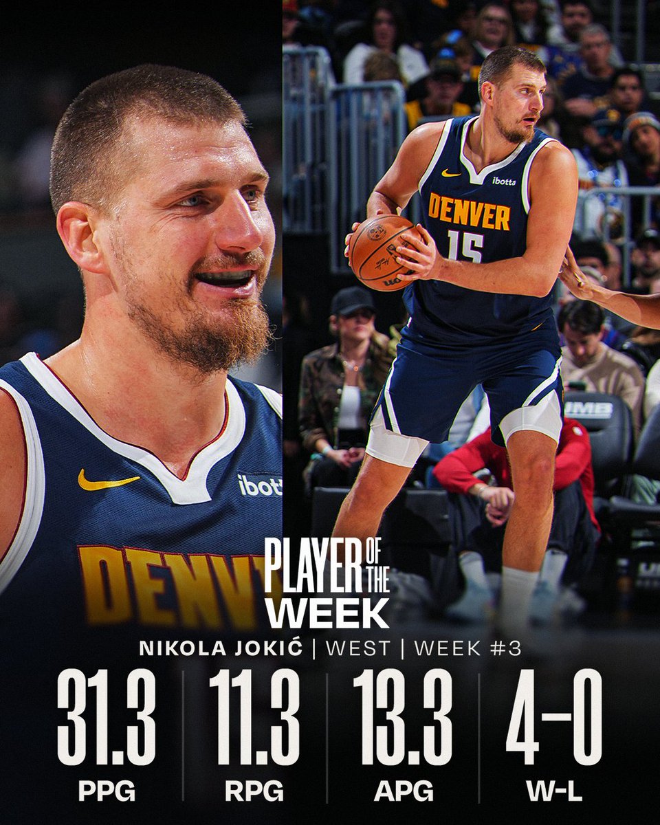 NBA's tweet photo. NBA Players of the Week for Week 3.

West: Nikola Jokić (@nuggets)
East: Cade Cunningham (@DetroitPistons) https://t.co/IK3AJACquO