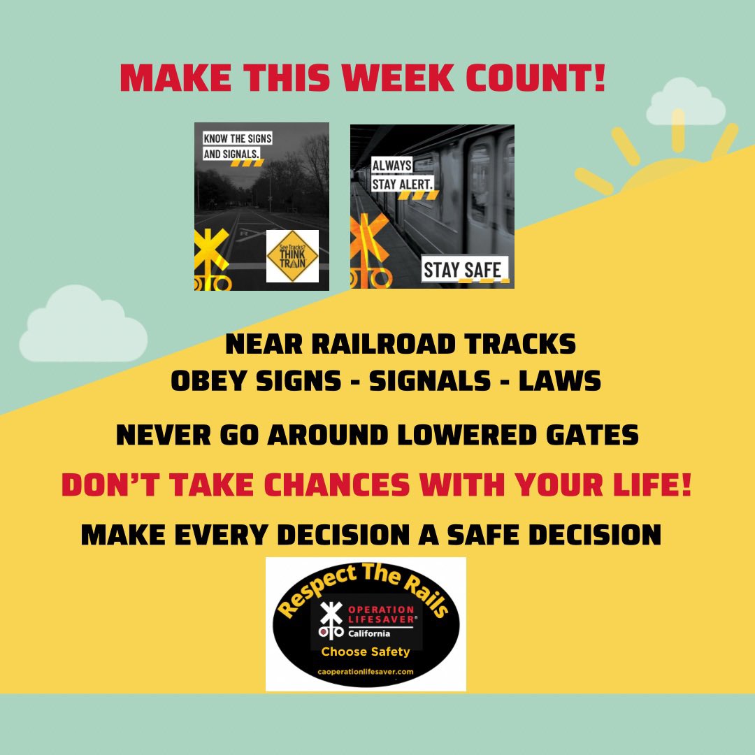 CAOpLifeSaver's tweet image. Start your week out right! Make a commitment to yourself and those you love, that you will always follow the signs, signals and laws near tracks &amp;amp; trains. #ChooseSafetyFirst #StayOffTheTracks #NeverTryToBeatATrain #DontRiskIt
#MakeItAGreatWeek #RespectTheRails #SaveLivesTell5