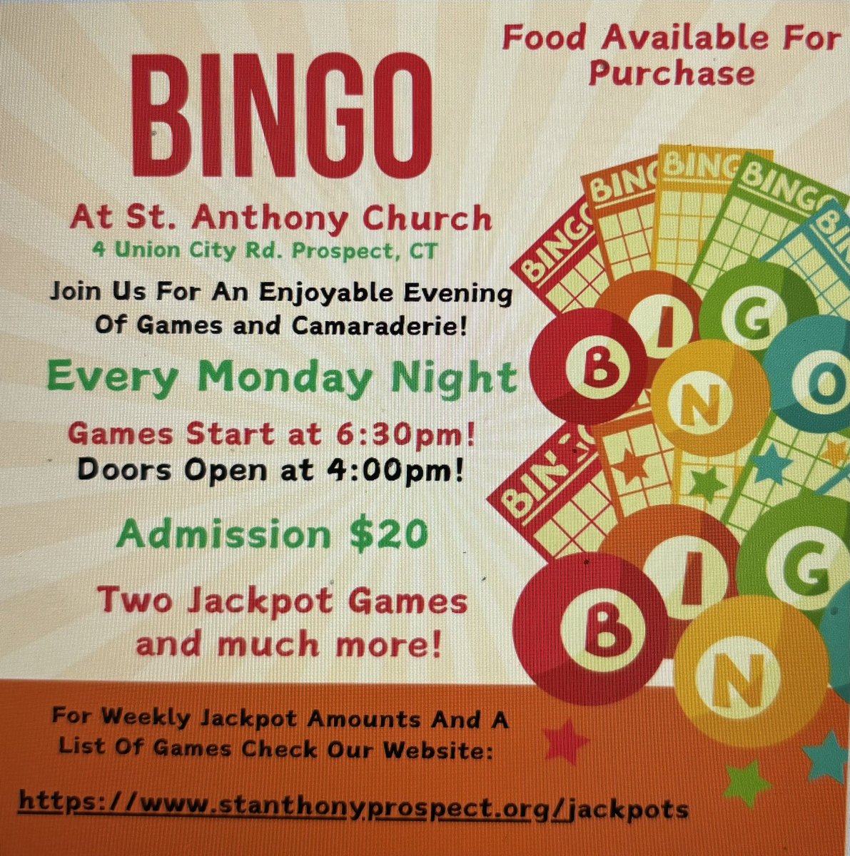StAProspectCT's tweet photo. Come join us tonight for a fun and cozy evening of Bingo games! https://t.co/e5W9R5XyLe