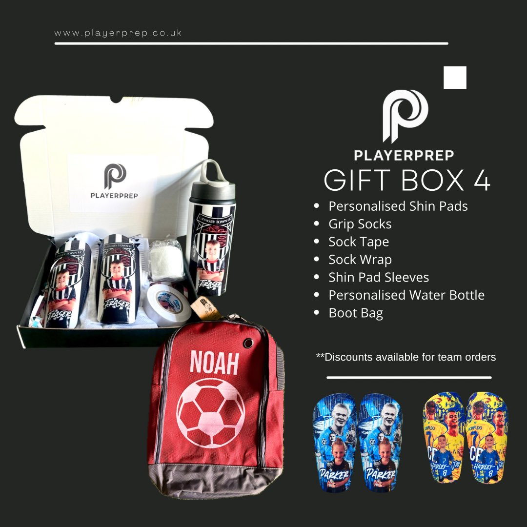 🎄⚽️ PLAYERPREP CHRISTMAS GIFT BOXES! ⚽️🎄
The ultimate personalised football gift this Xmas 🎁

✅ Custom Shin Pads
✅ Grip Socks, Tape &amp; Wrap
✅ Water Bottle, Boot Bag &amp; more

🎅 Perfect for players, fans &amp; academy stars
🏷️ Team order discounts available

🎁 Order now