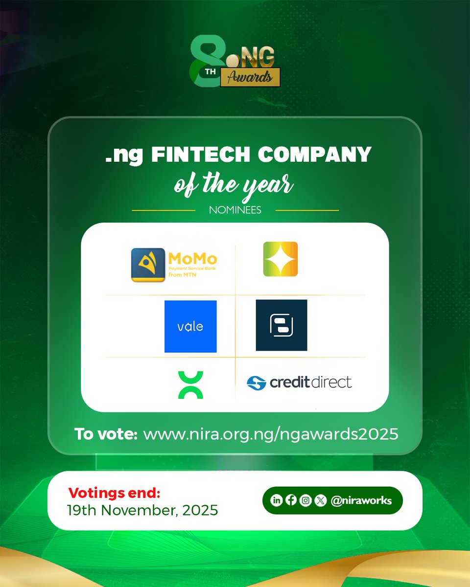 niraworks's tweet image. We’re excited to announce the nominees for the .ng Fintech category. 
@MoMo_PSB , @sparkle_nigeria, Vale Finance, @SycamoreNG, @niboxpay  and @creditdirectltd
