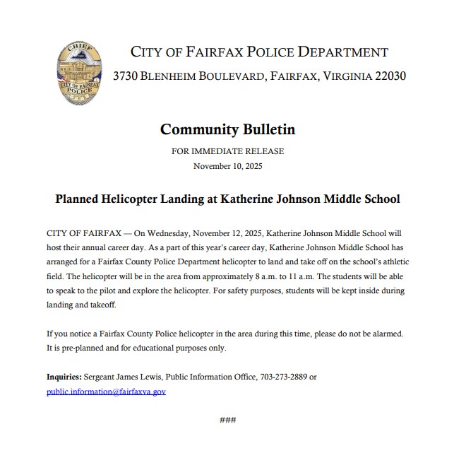 Community Bulletin: Planned Helicopter Landing at Katherine Johnson Middle School
read more: Planned Helicopter Landing at Katherine Johnson Middle School City of Fairfax, VA 

<a href="/CityofFairfaxVA/">City of Fairfax, VA</a> 
<a href="/fcpsnews/">Fairfax Schools 🌟</a>