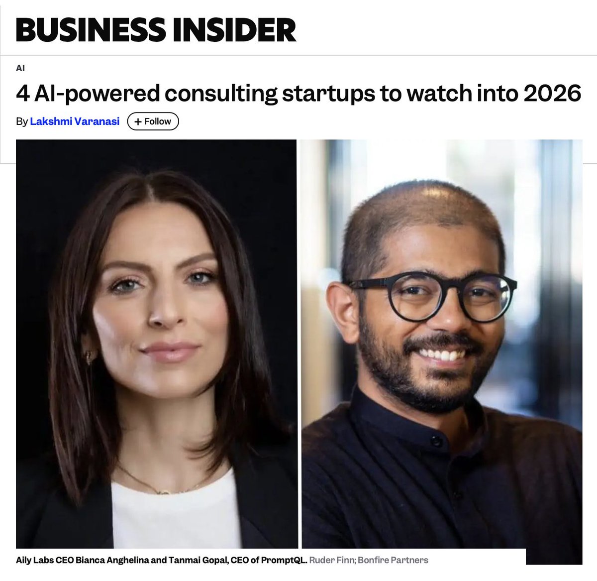 PromptQL's tweet image. Thrilled to be named one of the Top AI Startups to Watch in 2026 by @BusinessInsider 🚀 

What they spotlighted as our killer feature:
“AI accuracy at scale – without requiring messy data to be prepped or moved elsewhere.”

Since day one, we’ve been obsessed with one thing: AI…
