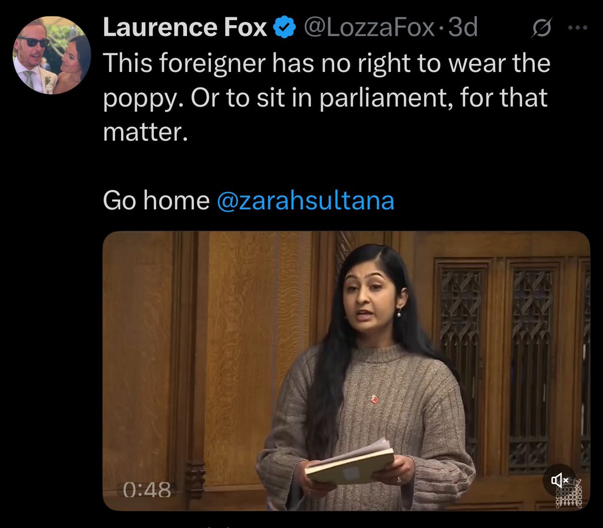 When this happens to a public figure, courtesy of someone who’s followed by 100’s of thousands, parroting the racist bile of the NF in the 70s &amp; there’s hardly a murmur from any of the media or any of our political hacks, we’re in a cesspit (whether you like <a href="/zarahsultana/">Zarah Sultana MP</a> or not)