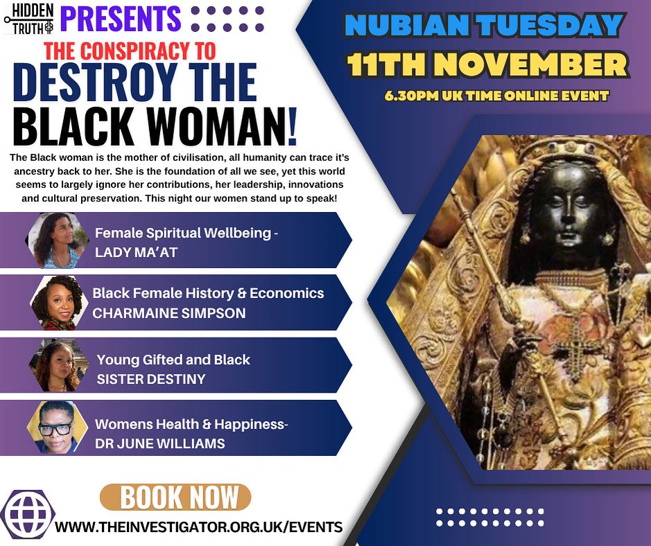 **HIDDENTRUTH is going hardcore Tuesday **

We need the whole family turnout! 
The queen of the planet earth will be honoured and not disrespected! 
This will be a night of power 🔥 bringing together four powerful empresses 💥

*Book now at*
theinvestigator.org.uk/events