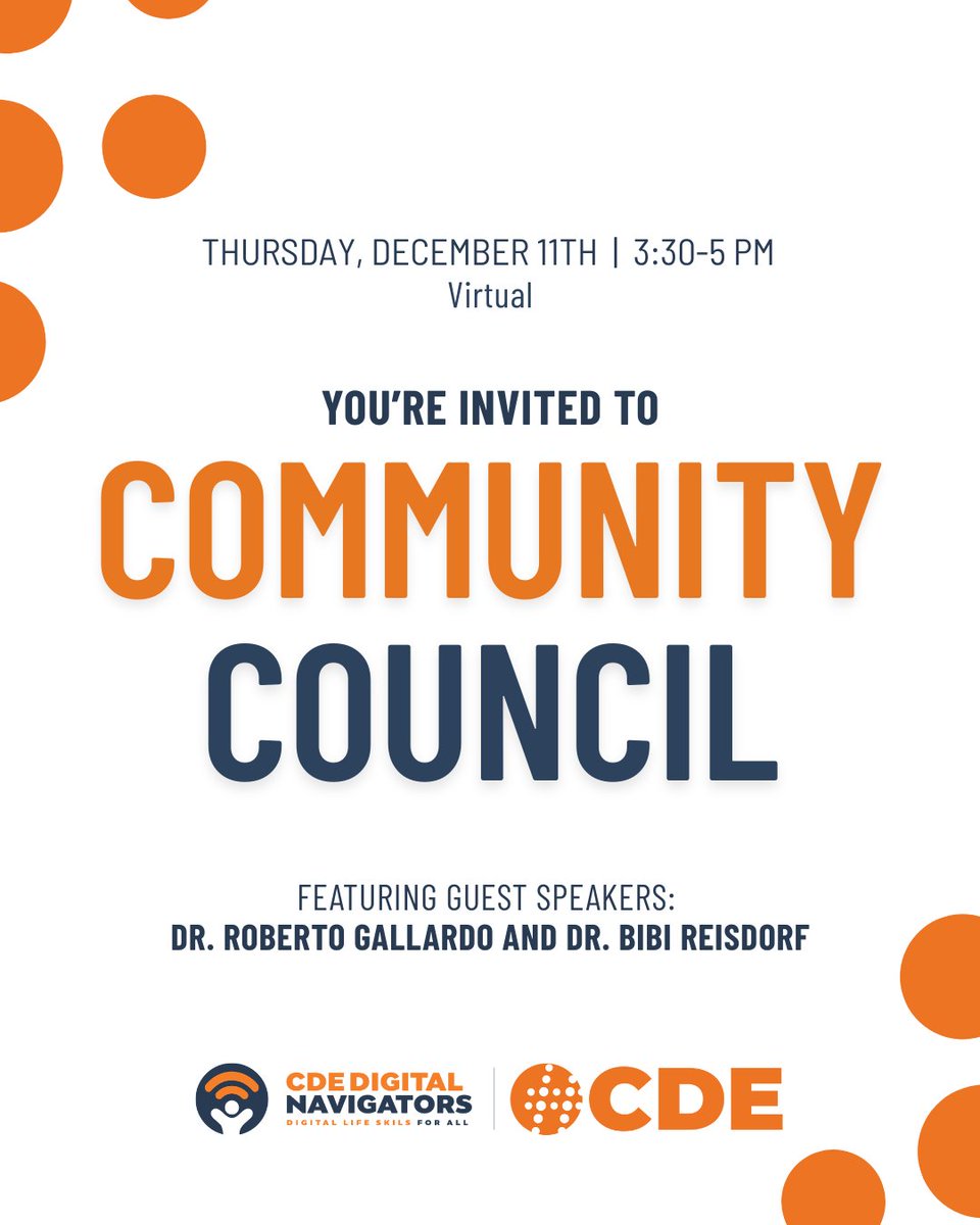 Save the Date: Thursday, December 11th | 3:30–5 PM  Join us for the December Community Council Meeting! We’ll explore how data tells the story of our collective impact—featuring guest speakers Dr. Roberto Gallardo and Dr. BiBi Reisdorf.