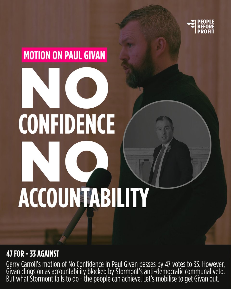 GerryCarrollPBP's tweet photo. A majority of MLAs have no confidence in the Education Minister, but my motion was blocked by an anti-democratic veto. 
From backing Israel’s propaganda to attacking workers and trans youth, he’s failed on all fronts. It’s time to mobilise and get Givan out. https://t.co/waVJYC2Ql4