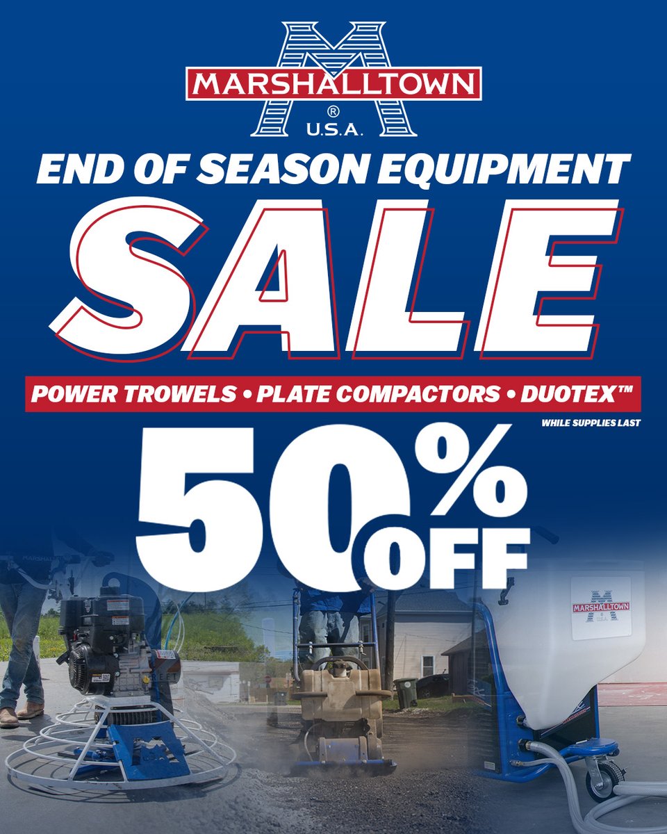 SAVE 50% on ALL our Power Trowels, Plate Compactors, Edgers, and DuoTex Texture Sprayer! 💲 💲 What are you waiting for? Go get these deals now while supplies last! bit.ly/4hSowjb
#sale #construction #concrete #drywall #savings