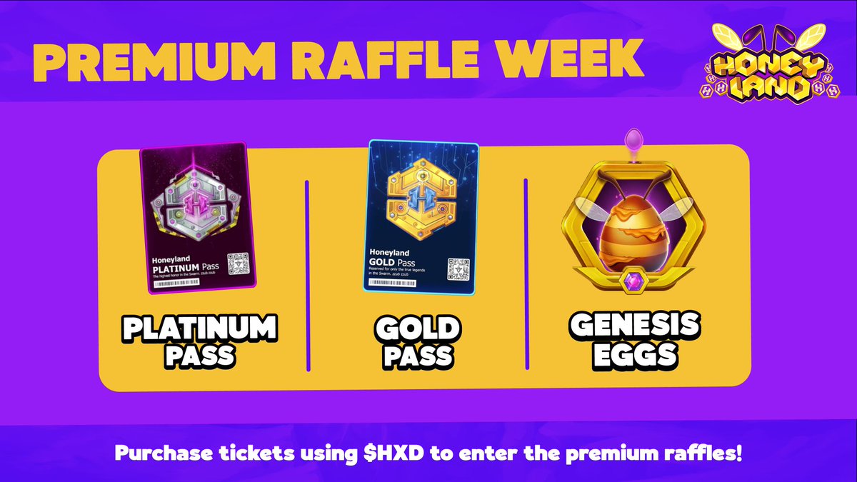 Premium Raffle Week is here! 🎟️

Purchase tickets to shoot your shot at claiming Passes, Eggs &amp; other awesome prizes, all week long 🔥

Have you ever won a Honeyland raffle? 👇