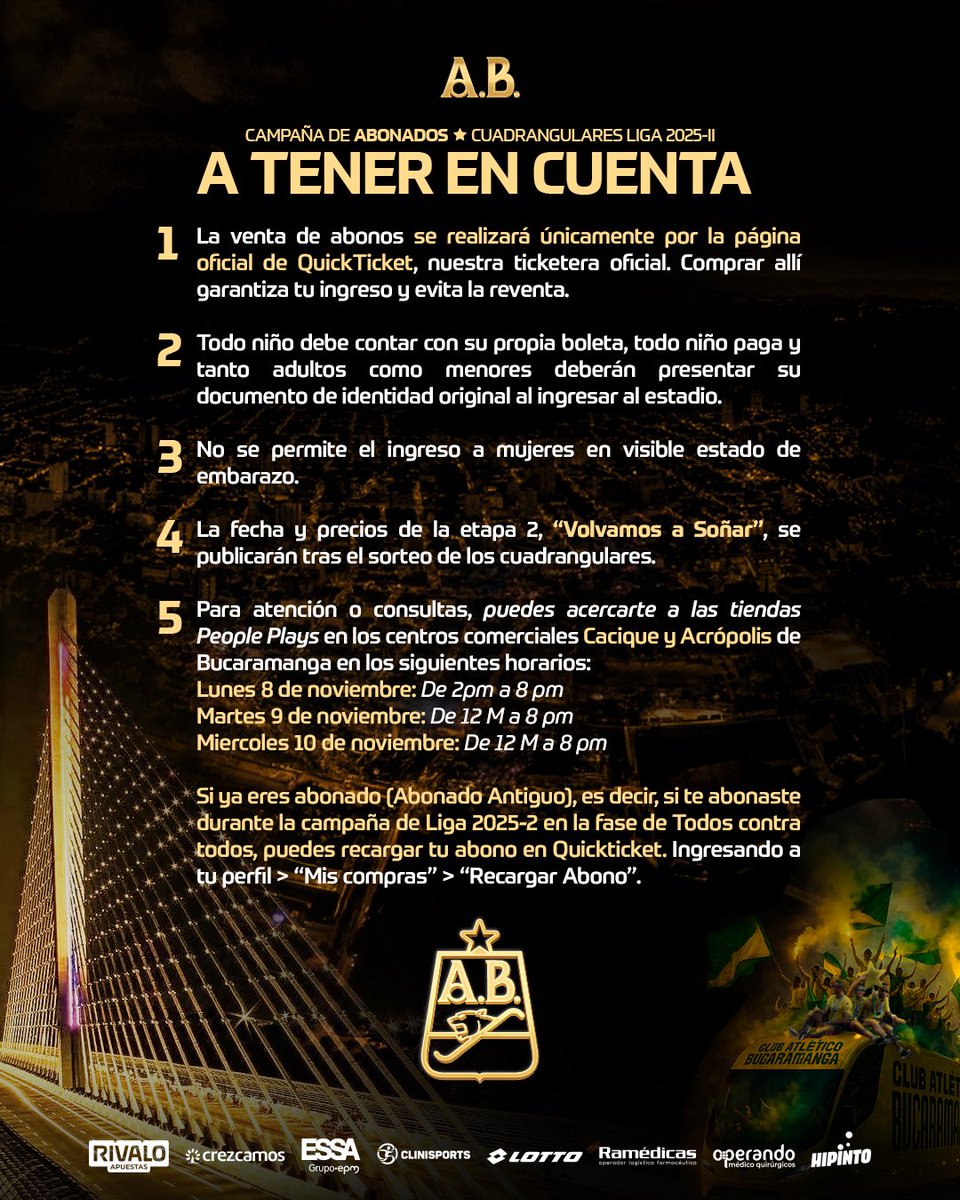 ABucaramanga's tweet photo. ¡𝐀𝐍𝐓𝐄𝐒 𝐃𝐄𝐋 𝐋𝐈𝐃𝐄𝐑𝐀𝐓𝐎, 𝐇𝐔𝐁𝐎 𝐂𝐑𝐄𝐘𝐄𝐍𝐓𝐄𝐒!💥

👉 Habilitada la etapa “𝐂𝐑𝐄𝐘𝐄𝐍𝐓𝐄𝐒 para los abonos de cuadrangulares 2025-2🔥
☑️ Etapa 1: Disponible el 10, 11 y 12 de noviembre
⚠️ Si eres abonado antiguo (Liga 2025-2), puedes recargar tu abono en Quickticket.

🎟️Compra tu abono en: https://t.co/QXlIZZ79og
Términos y condiciones en nuestra página web: https://t.co/w0GOEBsDq2