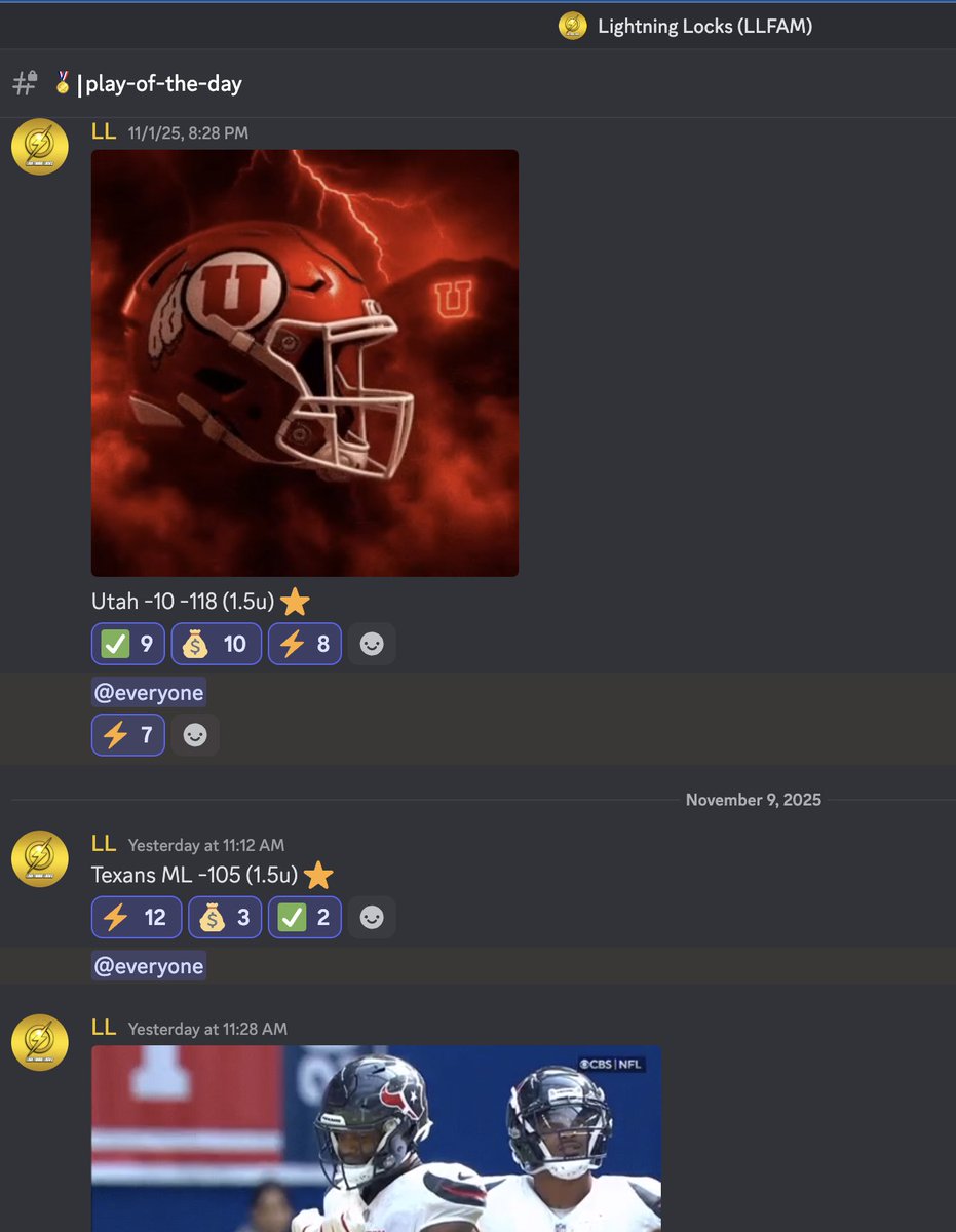 ✅🏈Ravens -7 -110 (1.5u) ⭐️
✅⚾️Dodgers ML -130 (1.5u) ⭐️
✅🏈Utah -10 -118 (1.5u) ⭐
✅🏈Texans ML -105 (1.5u) ⭐

4-0, +6.00 units last 4 LLFAM VIP 1.5u POD's

launchpass.com/lightning-locks