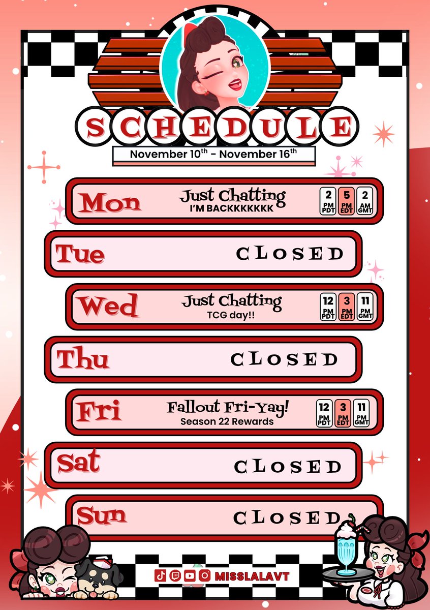 MissLalaVT's tweet photo. ☕ DINER HOURS 11/10-11/16 🍒

I'm back!! I've missed you all so much! 😭

GENERAL: #misslalavt 
ART: #Dineart
FAN NAME: Greaser Gremlins 
SOCIALS: https://t.co/zvOiR1GmwG
MERCH: https://t.co/aR8hutQuOL
Oshi marks: ☕🍒
GamerSupps Code: LALA (to save 10% off your order!) https://t.co/dGEGp8hk82