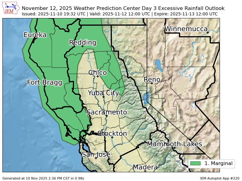 WPC issues Day 3 Marginal Risk Excessive Rainfall Outlook at Nov 10, 19:32z for STO wpc.ncep.noaa.gov/qpf/excessive_…