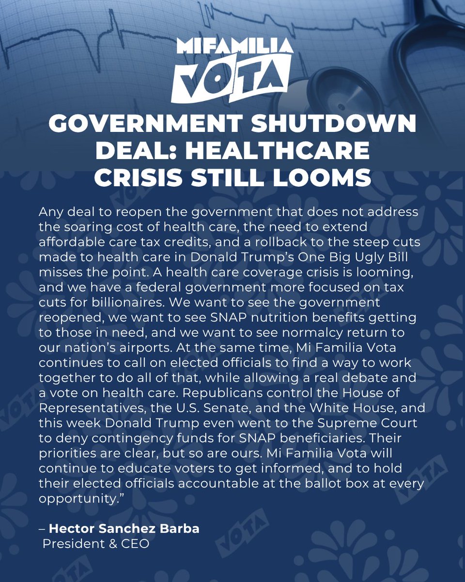 Our President and CEO @hesanche called for a real deal on health care, as millions stand to lose coverage. Read full statement here: mifamiliavota.org/gov-shutdown-d…