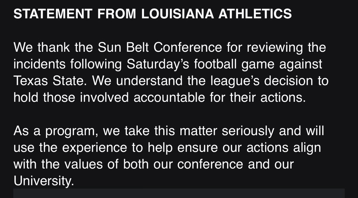 UL statement following suspensions by the Sun Belt Conference stemming from the brawl after Louisiana's win over Texas State