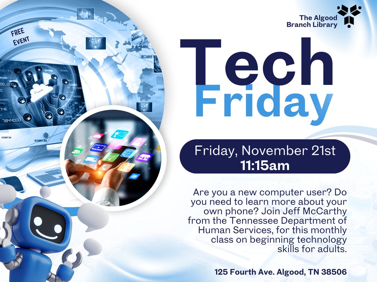 PutnamLibraryTN's tweet image. Join us at the Algood Branch Library Friday, November 21st at 11:15am for our Tech Friday! Jeff McCarthy from the Tennessee Department of Human Services to learn all about technology basics.
#TechFriday #technologybasics #algoodbranchlibrary #weloveourcommunity