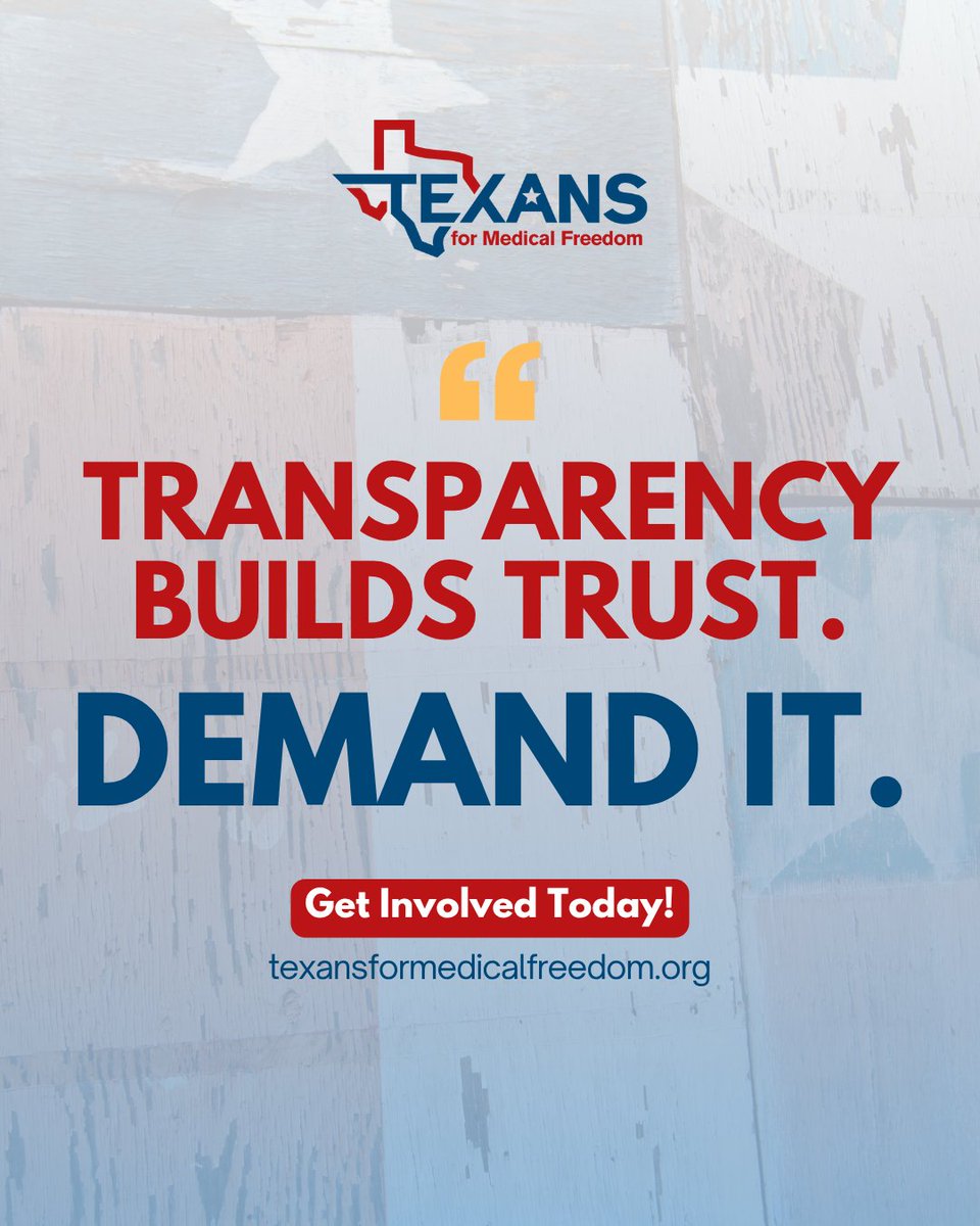 🔎 Transparency builds trust. Texans deserve honesty and accountability in healthcare decisions. Stand with us and demand transparency.

Get involved: tinyurl.com/get-involve

#MedicalFreedom #TransparencyMatters #TexansForMedicalFreedom