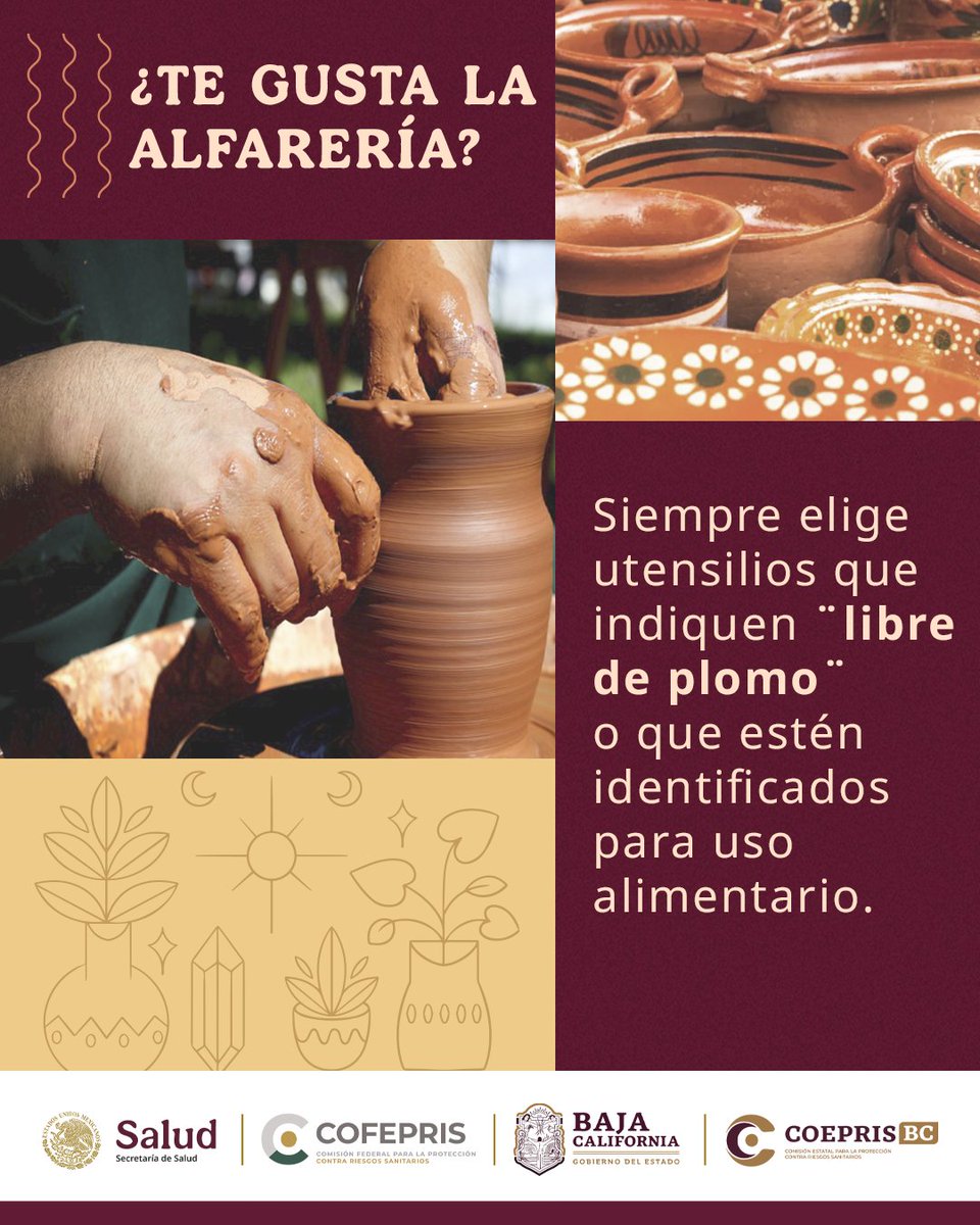CoeprisBCOficia's tweet image. La alfarería, como la mexicana, es un tesoro cultural, pero tu salud está primero
Cuando compres platos, tazas o cazuelas:
Elige siempre las piezas con sello “Libre de Plomo” o identificadas para uso alimentario
Así disfrutas de nuestra tradición, sin poner en riesgo a tu familia