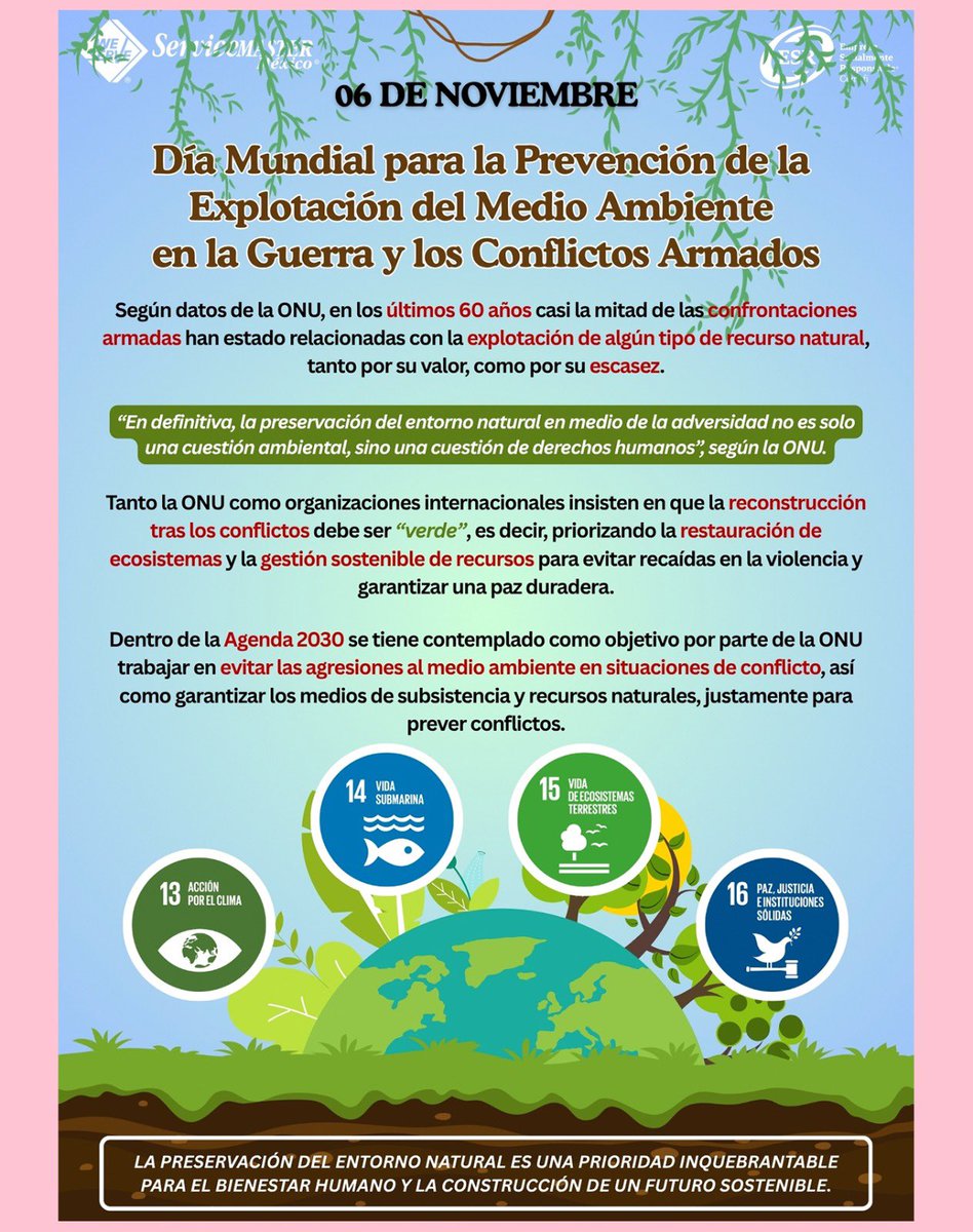 ServiceMasterM7's tweet image. 🕊 Día para la Prevención de la Explotación del Medio Ambiente en la Guerra y los Conflictos Armados.

🌍💔 Es fundamental recordar que la prevención de la explotación del medio ambiente en tiempos de guerra es esencial para proteger nuestra tierra.

#ESR #servicemastermexico