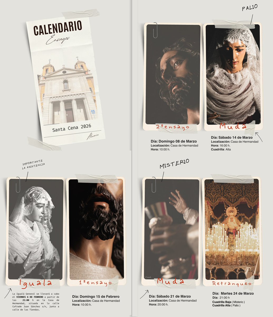 Desde <a href="/HdadCenaAlmeria/">Hermandad de la Santa Cena de Almería</a> informan del calendario de igualá y ensayos de cara a la próxima Semana Santa'26. #regionescofrade