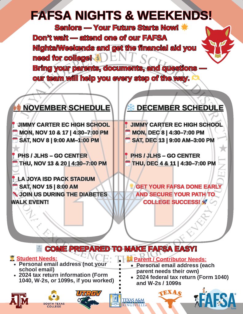 JCECHSRedWolves's tweet image. 🎓💰 FAFSA Night kicks off at Jimmy Carter ECHS from 4:30 to 7 PM TODAY! Bring your parents, your documents, and your questions. Our team is here to help you secure the financial aid you need for college.