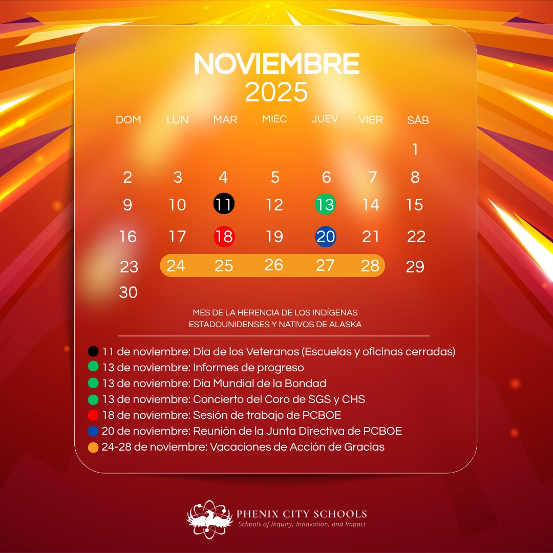 Celebrating American Indian &amp; Alaska Native Heritage Month and Military Family Appreciation Month! 
📌 Nov 11: Veterans Day (Closed)
📌 Nov 13: Progress Reports &amp; Concert
📌 Closed Nov 11 for Veterans Day.