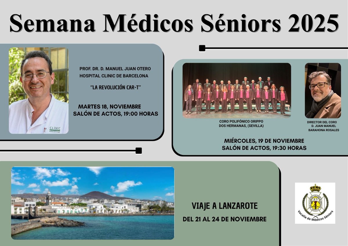 albertomperezc's tweet image. Ahí os envío el programa de la Semana Médicos Séniors 2025 a celebrar los actos de los días 18 y 19 de noviembre en el Salón de Actos del Colegio de Médicos. La entrada será libre hasta completar aforo.