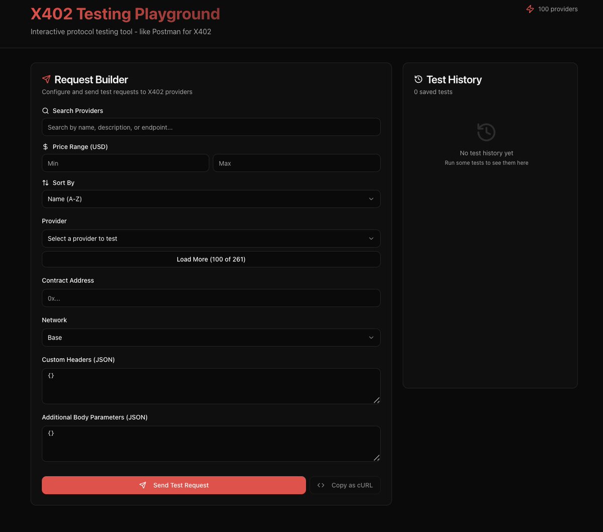 🚀 Announcing the X402 Testing Playground

What is it?  
The X402 Testing Playground lets anyone test AI services, no coding needed.  
Think of it as a “try before you buy” portal where you can explore, compare, and interact with x402-enabled AI providers directly from your