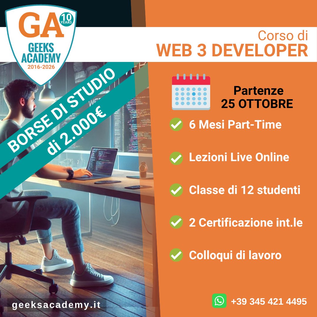 GeeksAcademyEu's tweet image. Diventa #Web3Developer Junior Pro: il primo corso in Italia che ti forma da zero come #FullStack #Developer con competenze in #Blockchain.
Partenza: 25 Ottobre 2025 - 12 studenti per classe,2 #Certificazioni Internazionali e #Colloqui di #lavoro. 𝟭𝟬 #BorseDiStudio.