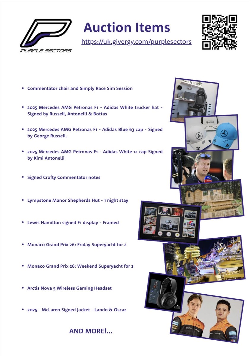 Love #F1 and motorsport? 

Have a look at PURPLE SECTORS and see if there’s something that takes your fancy. 

Place a bid or buy a raffle ticket all in aid of an amazing charity. 

<a href="/youngepilepsy/">Young Epilepsy</a>.  💜

uk.givergy.com/purplesectors/