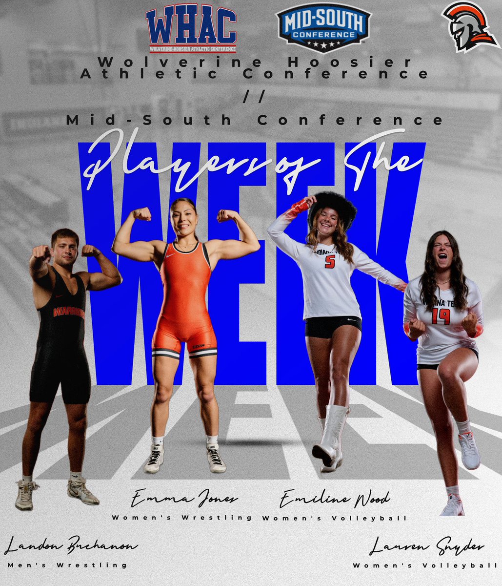INTechWarriors's tweet photo. Congratulations to Landon Buchanan,  Emma Jones, Emiline Wood, and Lauren Snyder on being named WHAC and MSC Players of the Week! 

Buchanan went 5-0 and Jones went 4-0 on their way to titles. Snyder had 30 kills &amp; Wood posted 40 digs in two wins #TechYeah #WonIT #WHACPOTW #NAIA https://t.co/mLpH0WR3PB