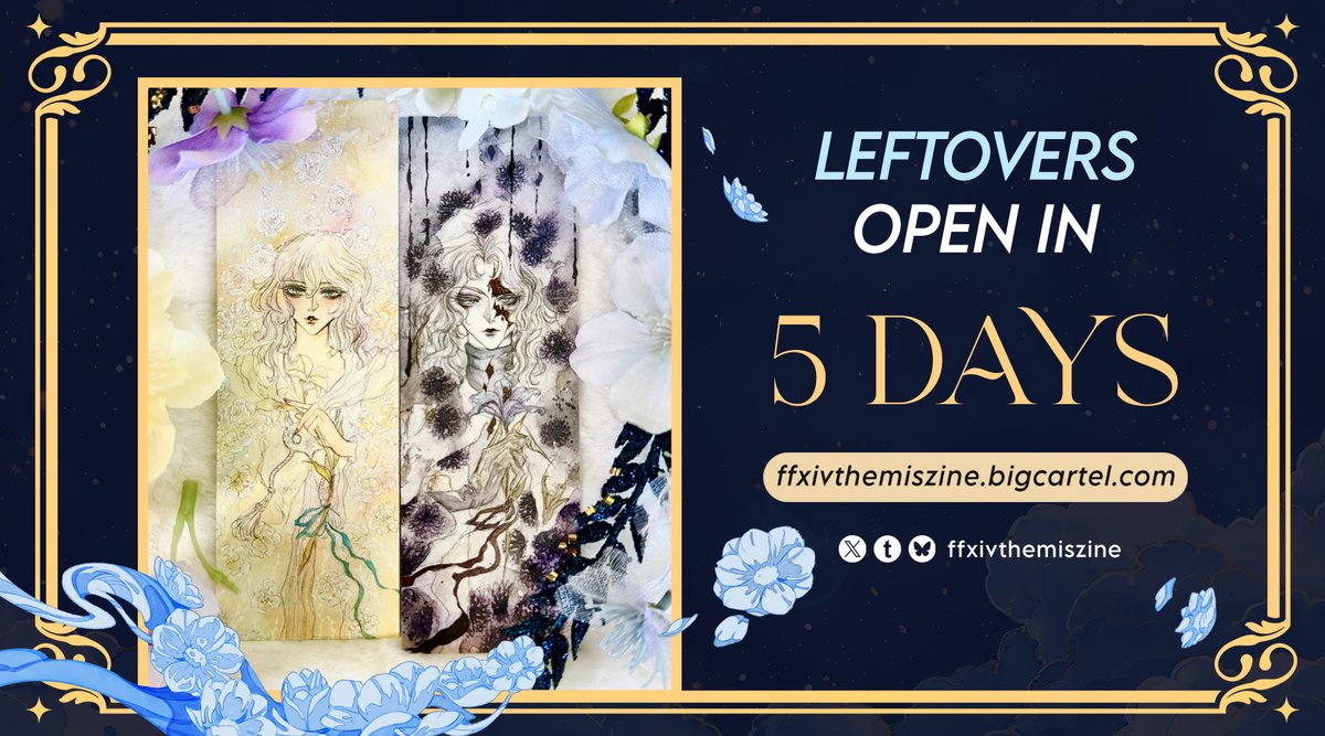 🌒 5 DAYS LEFT UNTIL LEFTOVERS OPEN

Less than a week to go until leftovers open! We'll have an amazing - but limited stock - selection of merch available, such as <a href="/KuShu_Art/">🌸KuShu🌸</a>'s beautiful double-sided bookmark 😍

🛒 ffxivthemiszine.bigcartel.com

#Themis #FFXIV #FF14 #Elidibus