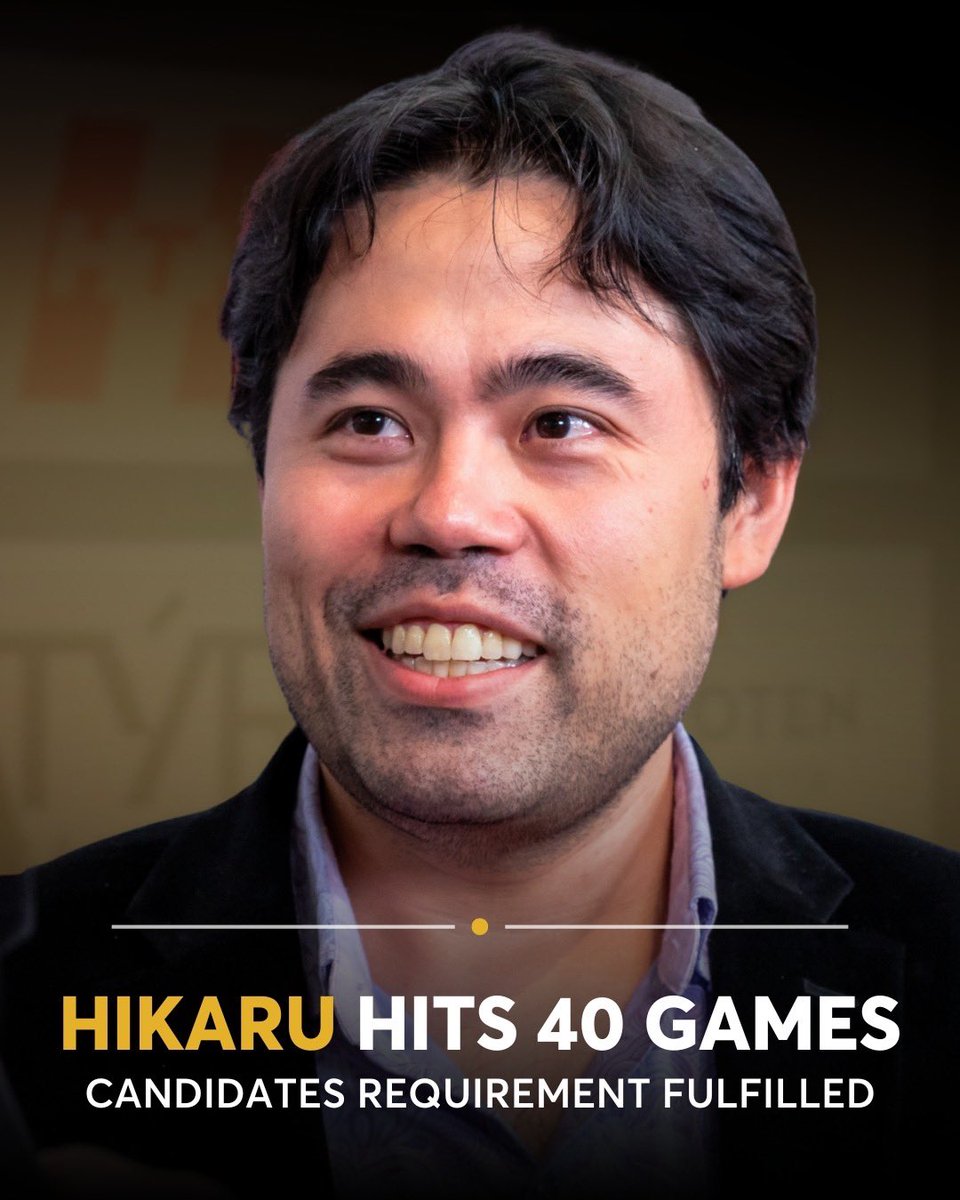 🇺🇸 Hikaru hits 40 games! 🔥

He has now completed the 40 classical games required for the rating spot to the 2026 FIDE Candidates Tournament, which FIDE today announced will take place in Cyprus, March 28 - April 16.

With yesterday’s game at the 1st Annual Washington Dulles