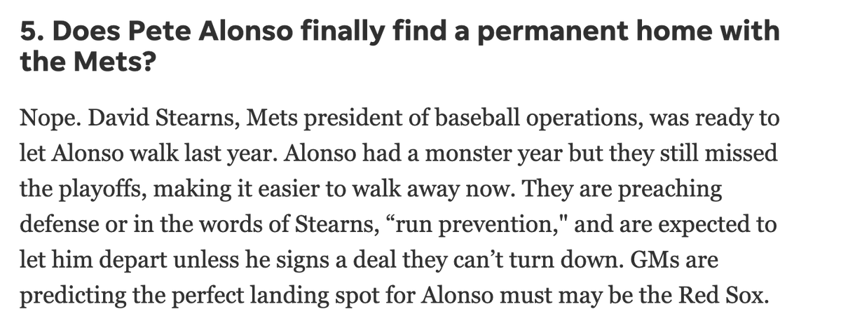 According to Bob Nightengale, the Mets lost $350 million last year, but will still acquire one or two front-line starters this offseason. 

And, echoing what Pat Ragazzo wrote Saturday, Pete Alonso is a goner unless he signs a "deal they can't turn down."

usatoday.com/story/sports/m…
