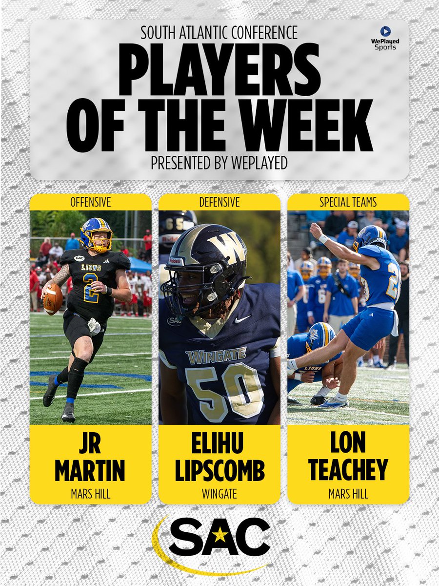 𝑷𝒍𝒂𝒚𝒆𝒓𝒔 𝒐𝒇 𝒕𝒉𝒆 𝑾𝒆𝒆𝒌 🏈   

 𝘖𝘧𝘧𝘦𝘯𝘴𝘦: JR Martin, <a href="/mhulions/">Mars Hill Athletics</a> 
(334 pass yds, 4TD/122 rush yds) 
𝘋𝘦𝘧𝘦𝘯𝘴𝘦: Elihu Lipscomb, <a href="/WU_Bulldogs/">Wingate Bulldogs</a>
(2 TD) 
𝘚𝘱𝘦𝘤𝘪𝘢𝘭 𝘛𝘦𝘢𝘮𝘴: Lon Teachey, <a href="/mhulions/">Mars Hill Athletics</a> 
(3/3 FG, 52 YD FG, 7/7 XP)

<a href="/FloCollegeFB/">FloCollege | Football</a> | <a href="/FloCollege/">FloCollege</a>