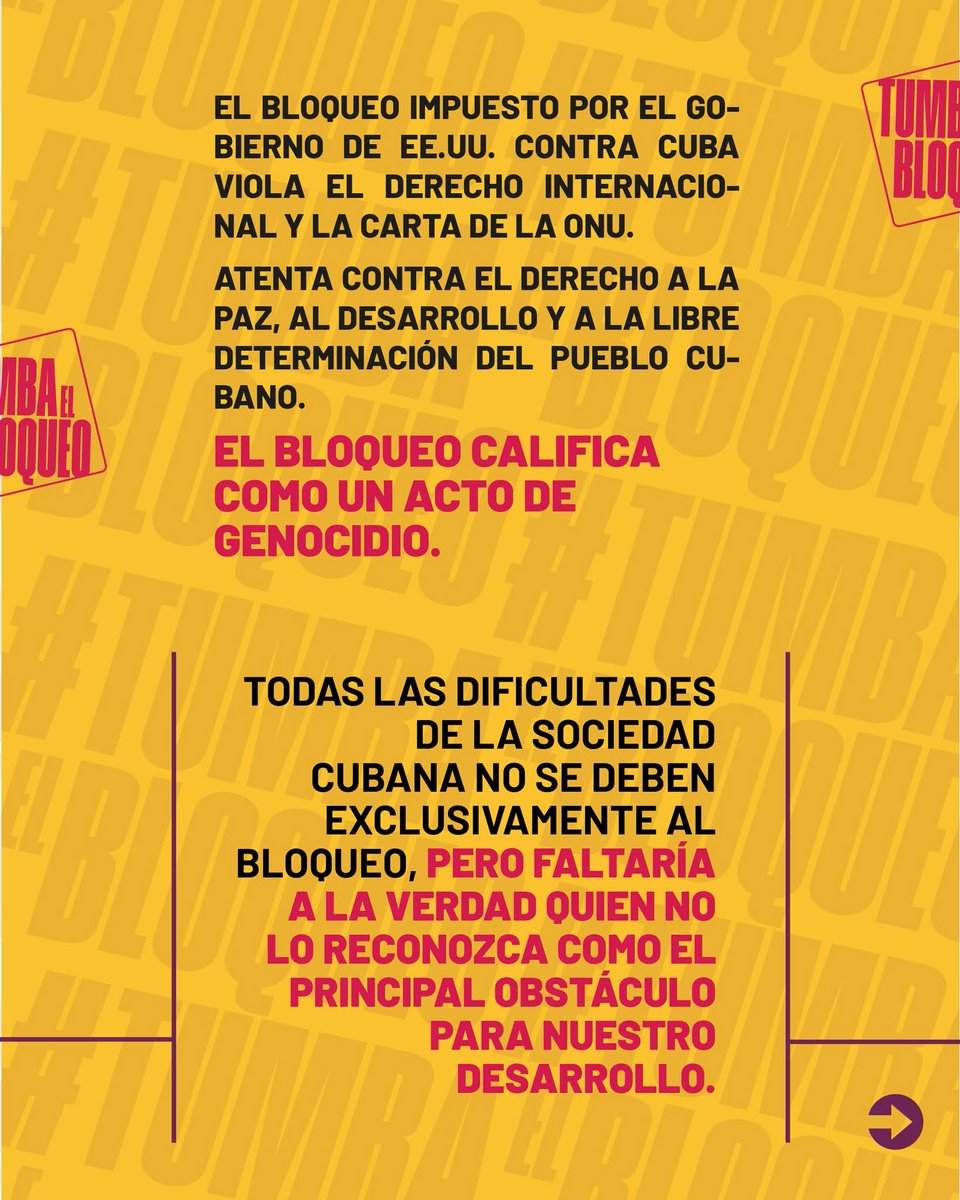 El bloqueo impuesto por EE.UU contra #Cuba🇨🇺 viola el derecho internacional y la Carta de la <a href="/ONU_es/">Naciones Unidas</a>. 

Atenta contra el derecho a la paz🕊, al desarrollo y a la libre determinación del pueblo cubano.

#TumbaElBloqueo