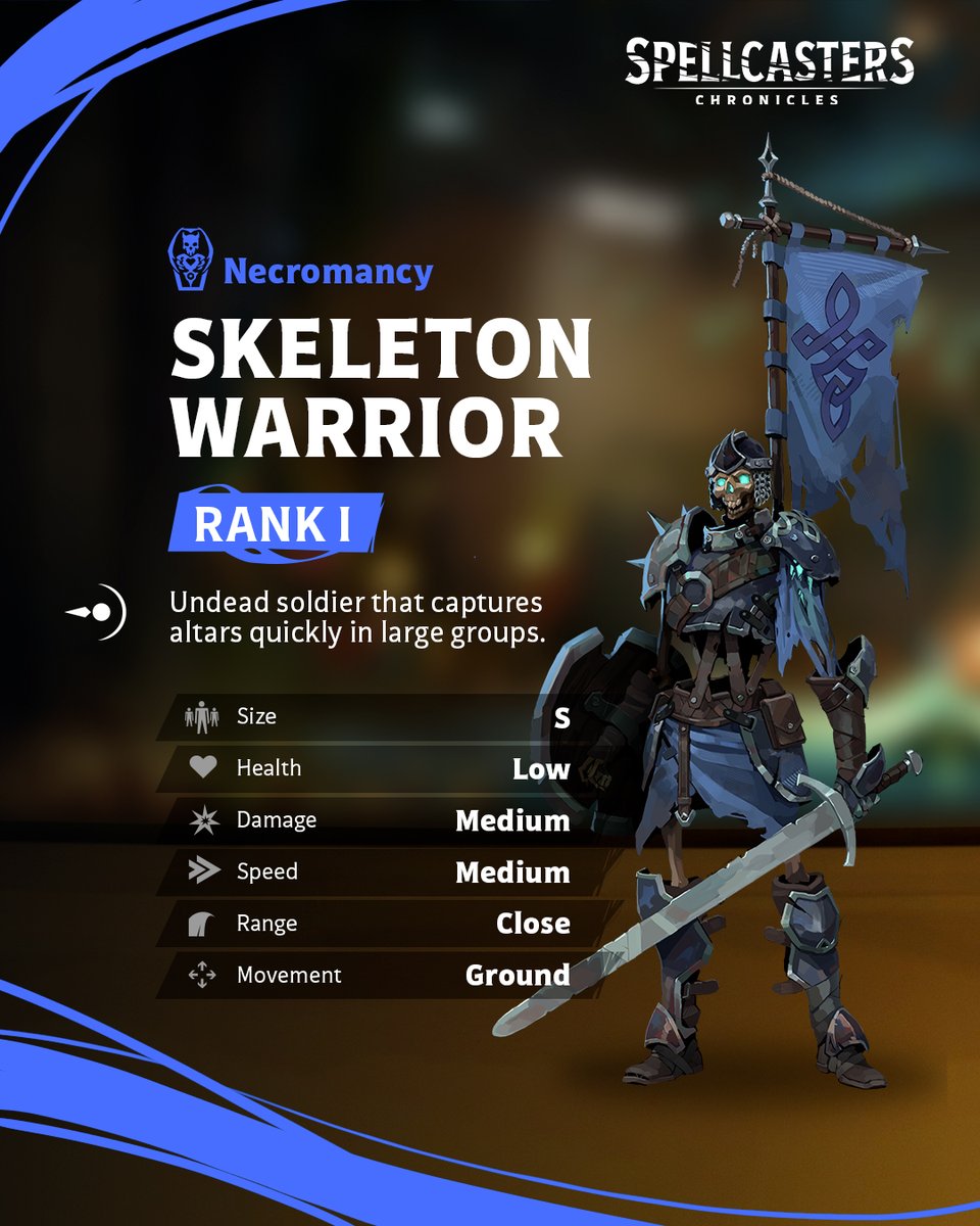 Skeleton Warriors are Rank 1 infantry creatures you can summon to quickly capture the altars and pressure your lane. Spellcasters can infuse them with magic and upgrade them to quickly rise an army of undead soldiers and overcome enemies!

Register for the Closed Beta now!