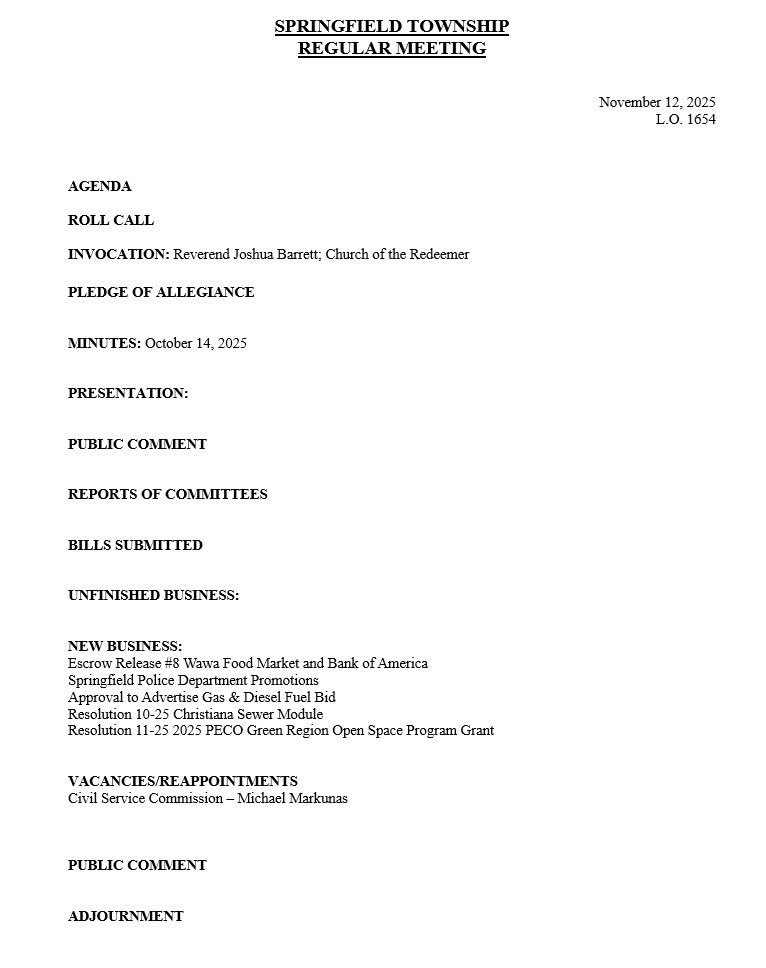 Springfield064's tweet image. Please see the attached agenda for the November Board of Commissioners meeting, scheduled for WEDNESDAY, November 12th at 8PM at the Springfield Country Club (400 W. Sproul Road). Agenda is subject to change.