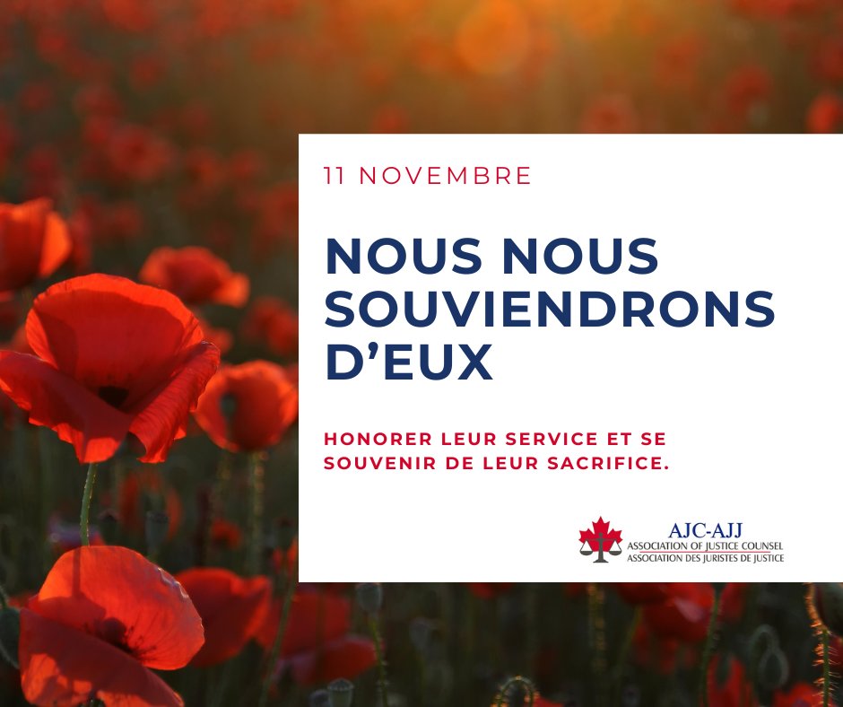 En ce jour du Souvenir et en tout temps, l'Association des juristes de Justice rend hommage aux Anciens Combattants et les Vétérans et Vétéranes, et se souvient de leur service et de leur sacrifice. 
#SemaineDesAnciensCombattants #JourDuSouvenir #LeCanadaSeSouvient