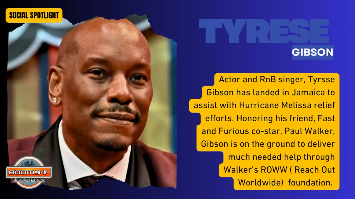 Boomchampionstt's tweet photo. Jamaica continues to receive the much needed assistance from globally recognized celebrities. Actor and singer, Tyrese Gibson is the latest to superstar to make his way to the island. 

#tyresegibson #jamaica #help #ROWWFoundation #hurricaneMelissa https://t.co/CoG4wzaQeb