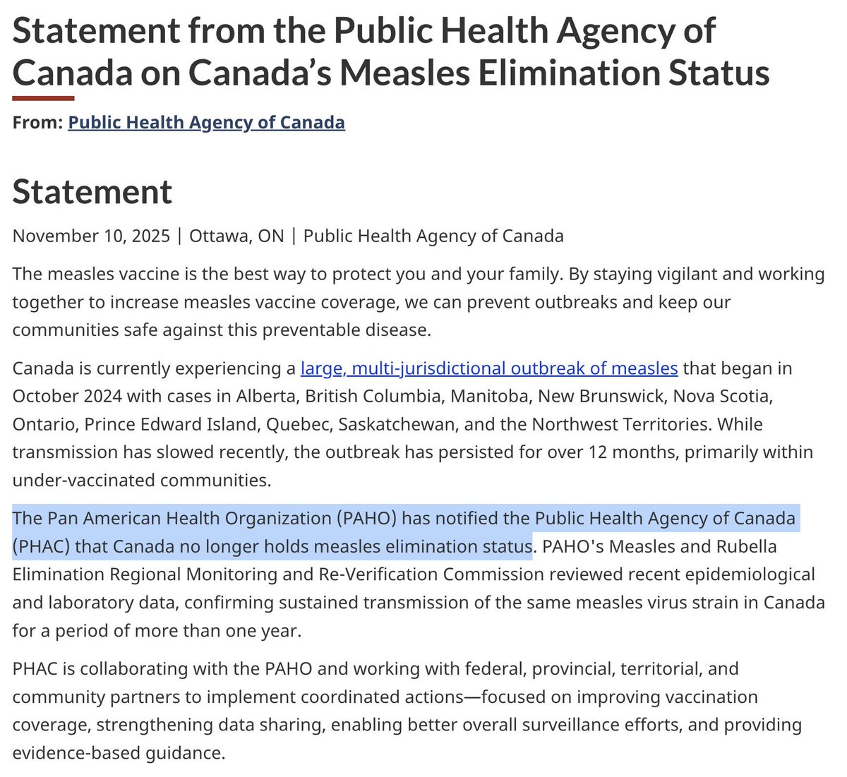 drandrewb's tweet image. Canada no longer holds elimination status for measles. A sad day for science.